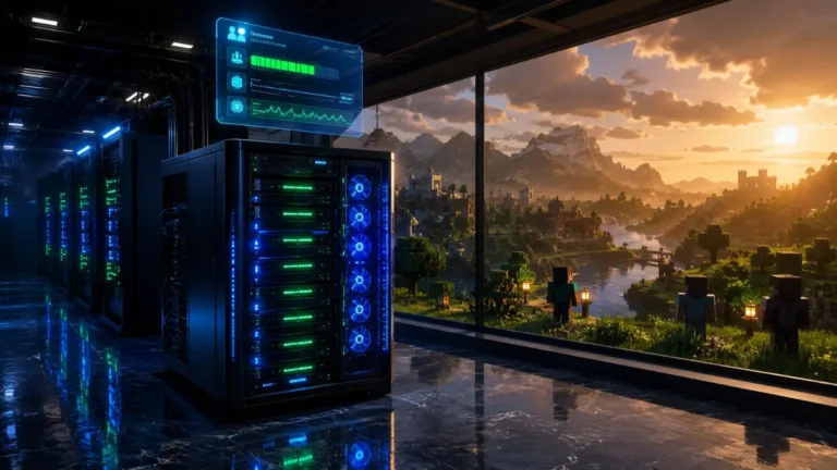 Best Minecraft Server Hosting Photorealistic Minecraft server hosting setup showing a glowing server rack with live stats display and a stunning Minecraft world visible through a data center window