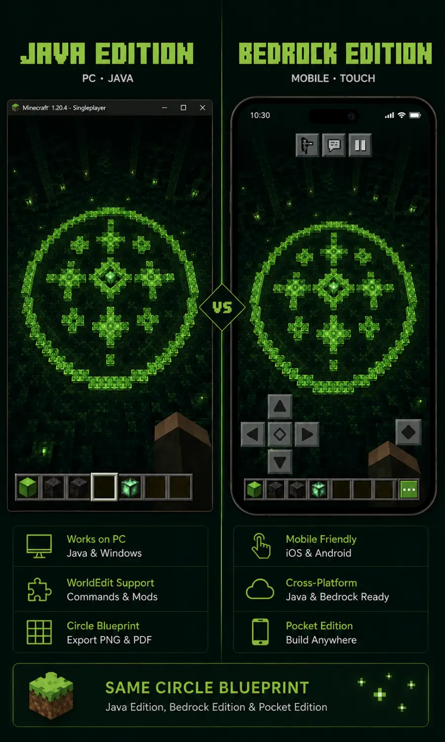 Minecraft circle generator comparison showing 
Java Edition on PC and Bedrock Edition on mobile 
with same circle blueprint pattern