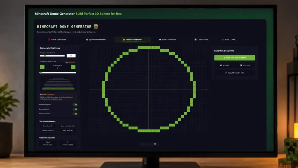 Minecraft Dome Generator tool interface displaying a 30-block dome blueprint on a dark grid with dome settings, block calculator, and export options for Minecraft builds.