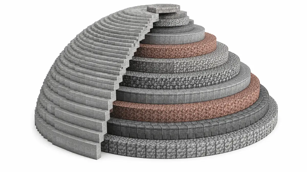 How to Build a Dome in Minecraft. Half-built Minecraft dome showing stacked circular layers made of stone, cobblestone, granite, and andesite blocks, illustrating the step-by-step dome construction process in a detailed infographic style.