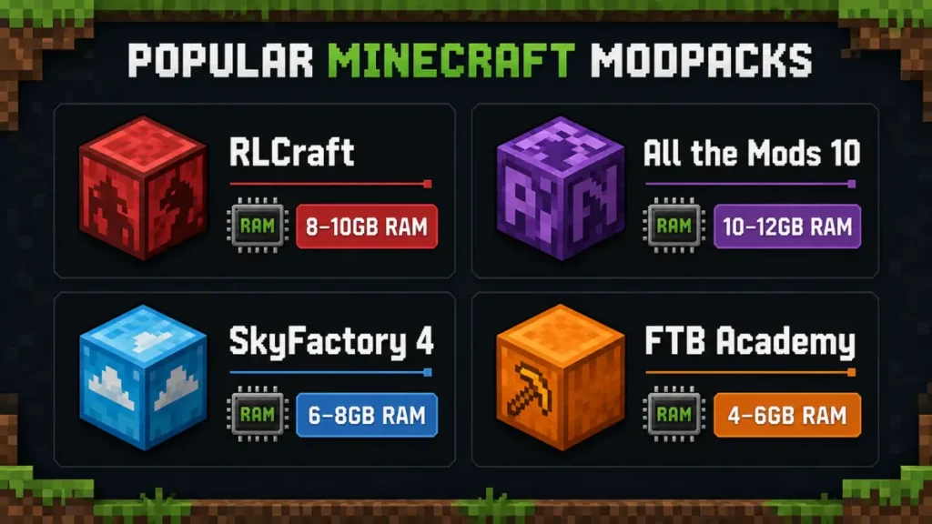 Minecraft modpack RAM requirements comparison showing memory needs for RLCraft, ATM10, SkyFactory 4, and FTB Academy for group server play