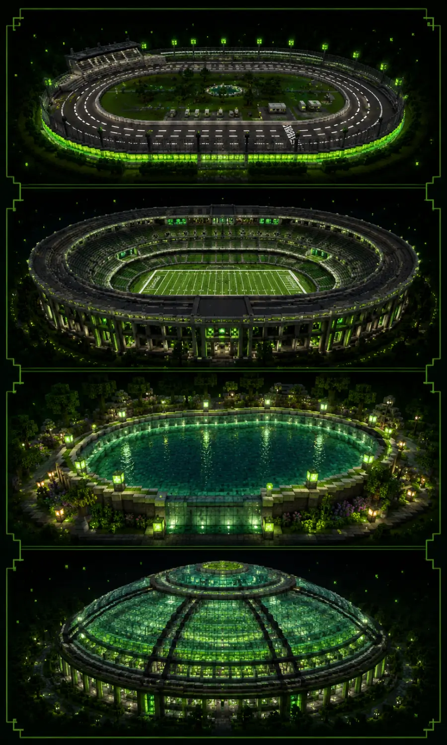Minecraft oval build examples featuring an oval race track, stadium arena, swimming pool, garden pond, and elliptical glass dome with neon green design elements.