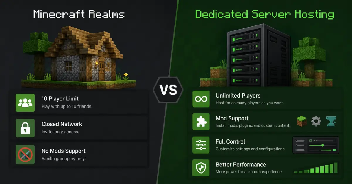 Best Minecraft Server Hosting Minecraft Realms vs dedicated server hosting comparison showing player limits, mod support, and control differences