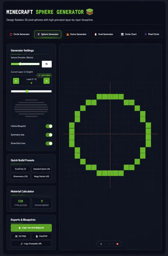 Minecraft Sphere Generator tool showing 3D hollow sphere blueprint with layer-by-layer Z-height navigation
