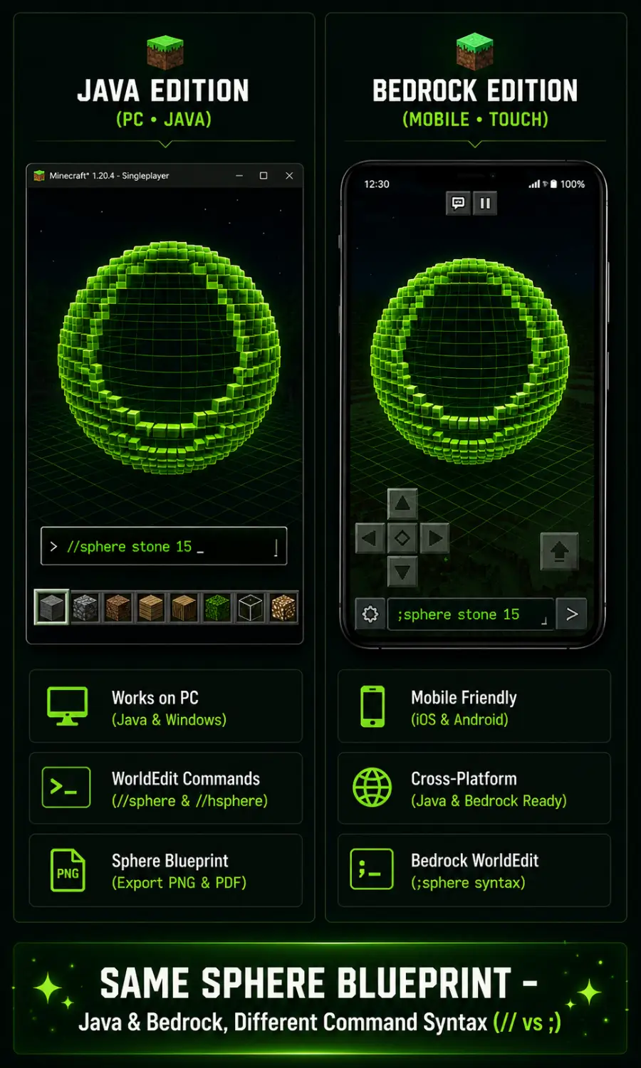WorldEdit sphere command syntax comparison: Java Edition //sphere vs Bedrock Edition ;sphere