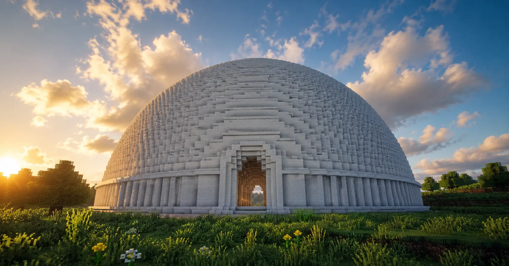 How to Build a Dome in Minecraft, Ultra-realistic Minecraft white quartz dome build in a green plains biome during golden hour, featuring a massive 50-block diameter symmetrical dome with cinematic lighting and detailed block layers.