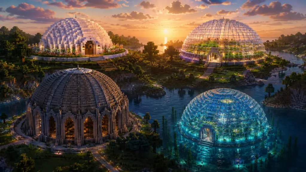 Minecraft dome build showcase featuring a quartz dome house, glass greenhouse dome, giant cathedral stone dome, and underwater glass dome base in a scenic Minecraft world with cinematic shaders and golden hour lighting.