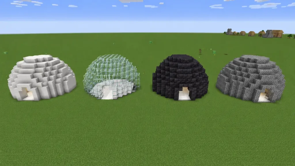 Four small Minecraft domes built side by side in a flat creative world, made from quartz, glass, blackstone, and cobblestone blocks, shown from an overhead angle in bright daylight.