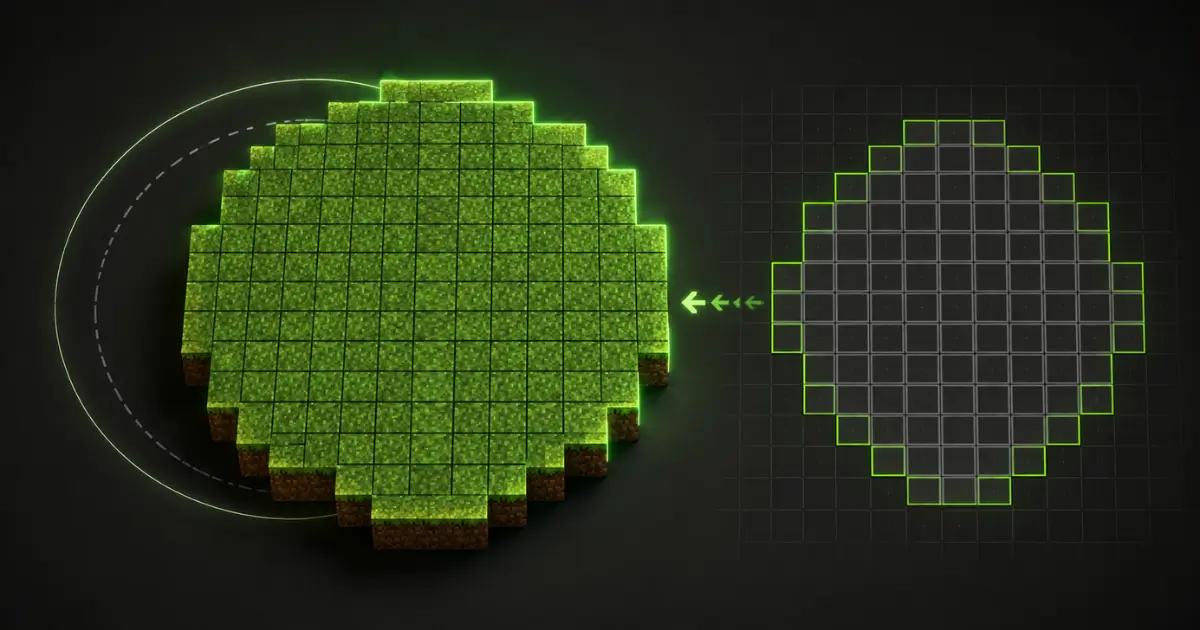 3D illustration showing how a Minecraft circle is formed using square grass blocks, with a blueprint grid, geometric circle outline, and arrows explaining the block placement process.
