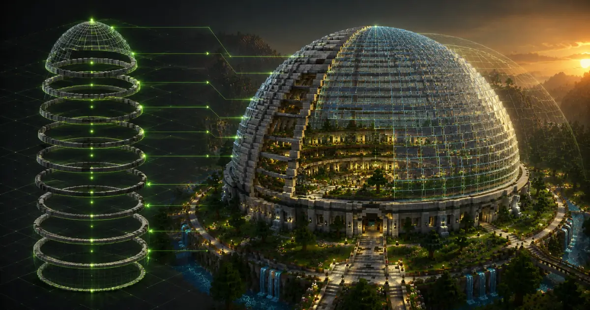 Minecraft Dome Generator showing a glass and stone dome with a layer-by-layer blueprint and voxel block construction guide.