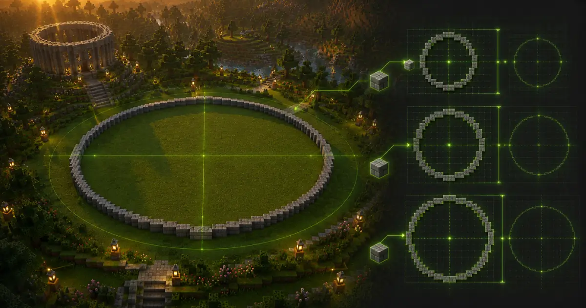 Minecraft Circle Chart displaying block-by-block circle patterns with multiple diameters and a completed Minecraft circle build.