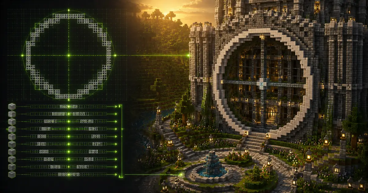 Minecraft Pixel Circle Generator displaying a pixel grid blueprint connected to a completed block-by-block circular Minecraft structure.