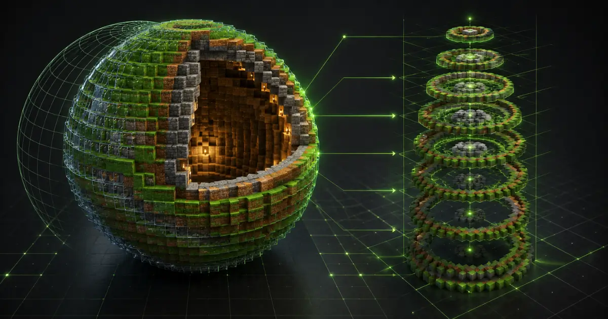Minecraft Sphere Generator creating a 3D sphere with layered voxel blocks and blueprint-style construction guide.