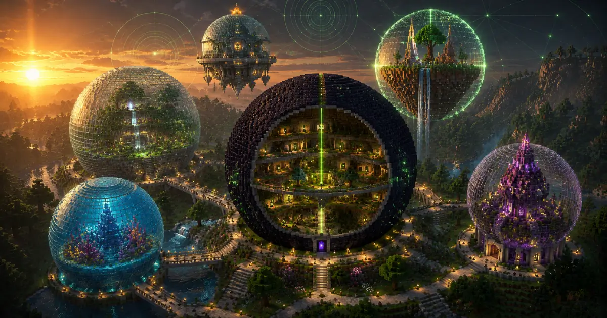 Creative Minecraft sphere builds featuring a survival base, glass biodome, underwater habitat, observatory, and wizard tower created using a Minecraft Sphere Generator.