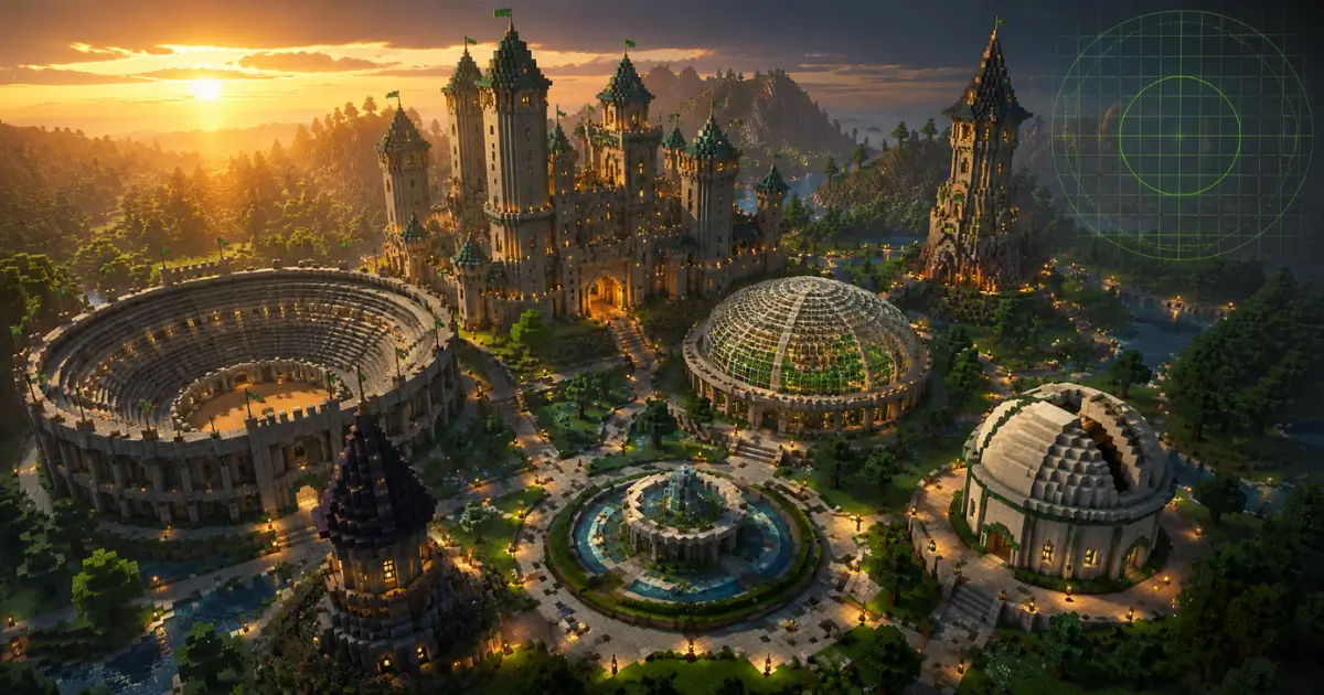 Minecraft circular builds including castle towers, arena, glass dome, fountain, wizard tower, and observatory created using a Minecraft Circle Generator.A premium Minecraft-inspired illustration showcasing popular circular structures that players can create using a Minecraft Circle Generator. The image features medieval castle towers, a large arena, a glass dome, a circular fountain, a wizard tower, and an observatory, demonstrating how block-by-block circular layouts help builders create accurate and visually impressive Minecraft structures.